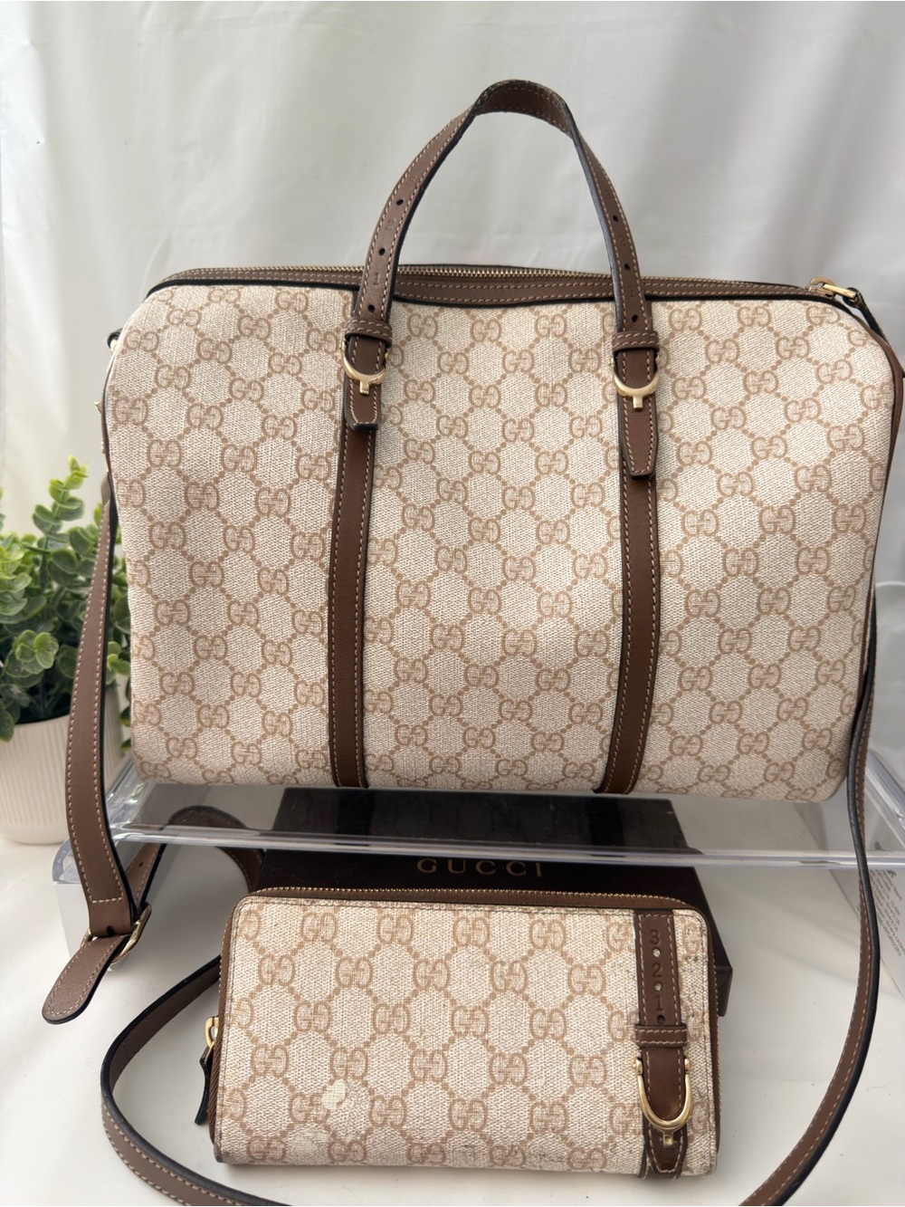 Gucci Beige GG Supreme Canvas Travel Bag with Brown Leather Trim with wallet